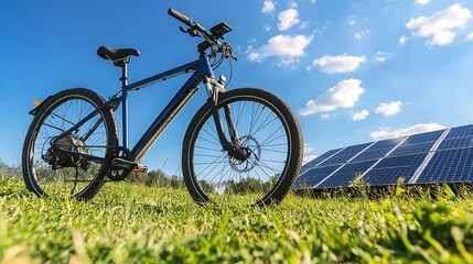 Fototapeta premium Electric Bicycle Near Solar Panels Under Blue Sky