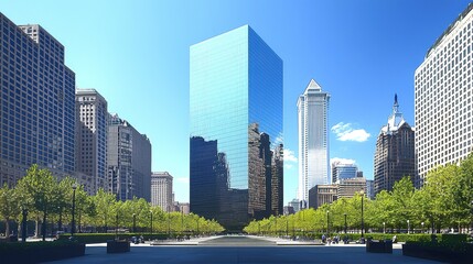 Naklejka premium Modern Urban Landscape with Glass Skyscraper and Green Trees