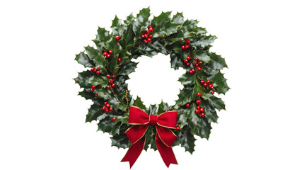 A lush green holly wreath adorned with red berries and a golden bow, positioned on the left