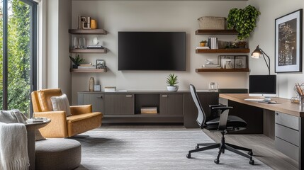 Fototapeta premium Modern Home Office with Stylish Accent Chair and Green Decor