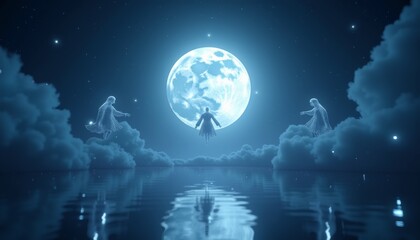 Obraz premium Ethereal spirits floating among clouds under bright full moon reflecting on calm water