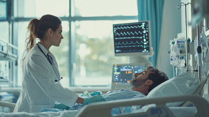 Professional doctor attending to patient in modern hospital room