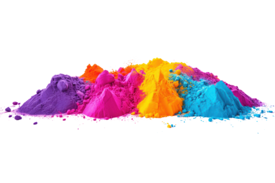 Vibrant assortment of Holi paint powders scattered across a white background