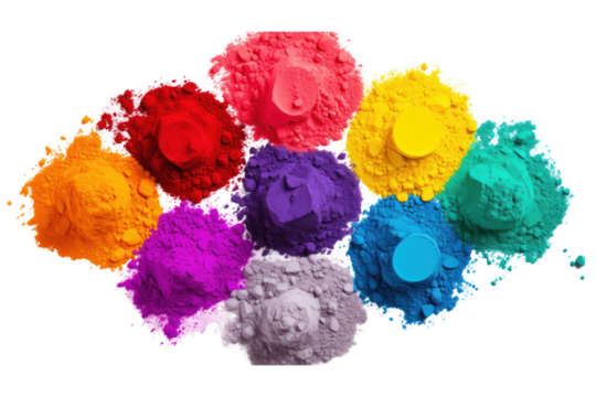 Vibrant assortment of Holi paint powders scattered across a white background