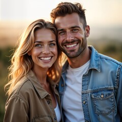 Fototapeta premium Young woman, man pose happily outdoors. Couple smiles confidently. Shot close up, shows attractive features. Look happy, comfortable. Possible autumn sunny summer day. Fashionable clothes visible.