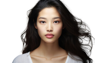 Naklejka premium Portrait of a young Asian woman with a gentle expression, her eyes slightly downcast, bathed in warm, diffused light, isolated on white background