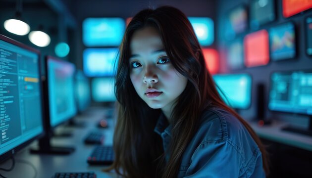 Young girl focuses on multiple computer screens. In modern tech workspace filled with screens displaying codes. Environment brightly lit. Nighttime tech scene. Future tech concept. Girl looks at