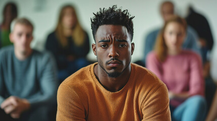 Fototapeta premium Thoughtful man in support group session with serious expression
