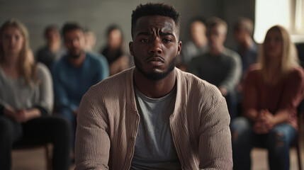 Obraz premium Man experiencing anxiety during a support group meeting session