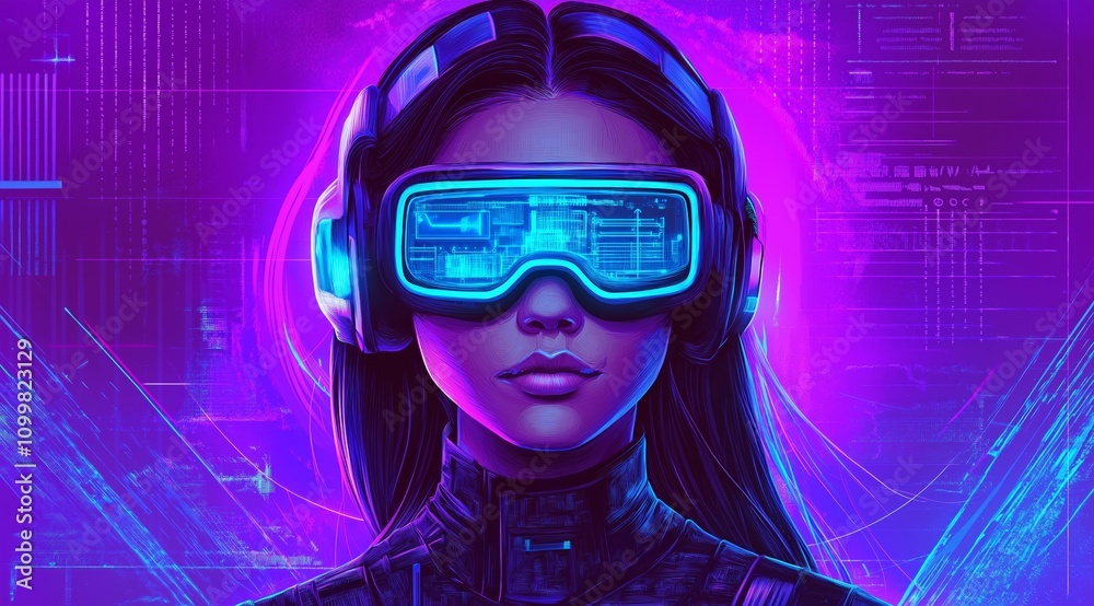 Poster girl in hi-tech vr glasses with elements of artificial intelligence. background in a high-tech style