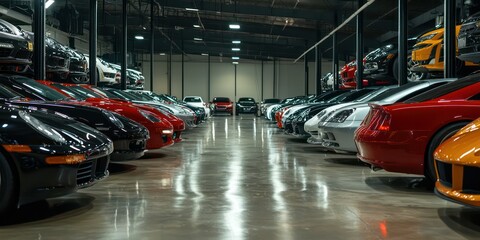 Showroom scene with cars lined up, ready for transportation to a dealership.