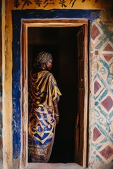Obraz premium Very creative detailed colored photograph of an african woman in the door frame, tribal design, burka dress, wall statue, charming village scene, storybook