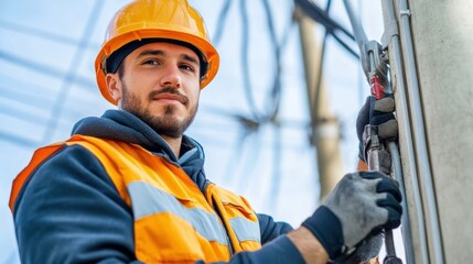 Worker with Tools on Utility Pole under Clear Sky