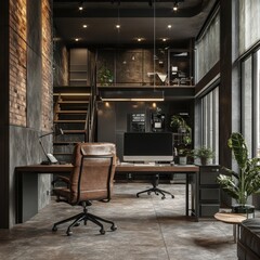 Modern Industrial Office Interior with Stylish Furniture and Lighting