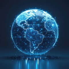 Fototapeta premium Model of planet Earth 3D view from space with continents. Satellite Internet, space signal. Electricity on planet Earth. Power outage, blackout. Provider, internet signal.