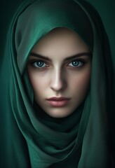 Naklejka premium Portrait of an extremely beautiful young woman wearing a green hijab, with amazing big blue eyes. This award-winning photography