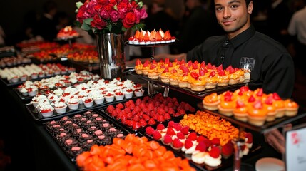 Elegant Dessert Display at a Formal Event Featuring an Array of Colorful Pastries, Cupcakes, and Fresh Flowers, with a Server Attending to Guests