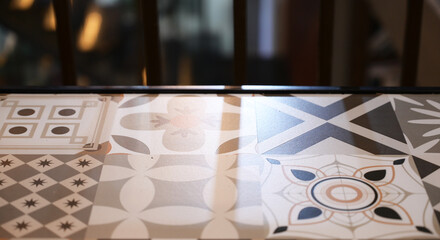 Table surface with patterned material, texture of wood and blurred space