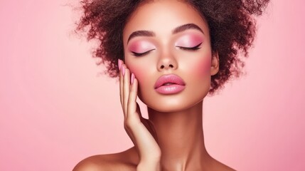Obraz premium Glamorous close-up of a woman with vibrant pink makeup, glossy lips, and afro curls, exuding elegance against a soft pink background.