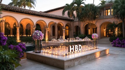 Elegant Outdoor Birthday Celebration with Stunning Floral Arrangements and Ambient Lighting Surrounded by Lush Greenery in a Luxurious Setting