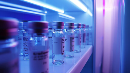 Vials stored in temperature-controlled environment with blue lighting