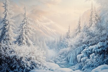 Obraz premium Winter painting depicting snowy trees and mountains with soft light and tranquil river 