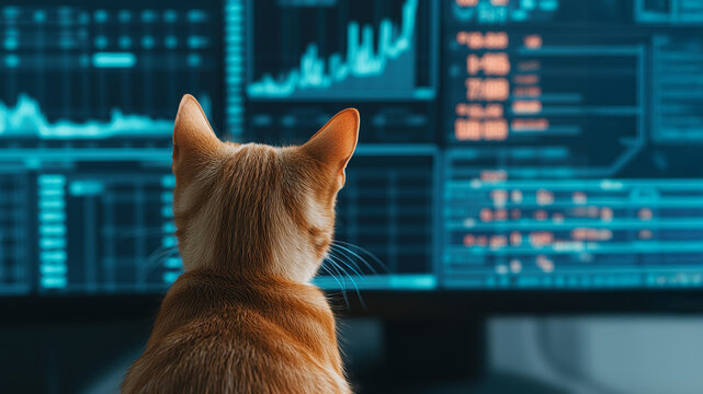 Cats in the stock market concept. A curious cat observes data analytics on a computer screen, blending the worlds of pets and technology.