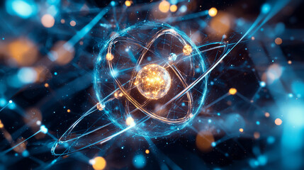 Visualization of atomic structure with glowing electrons and particles