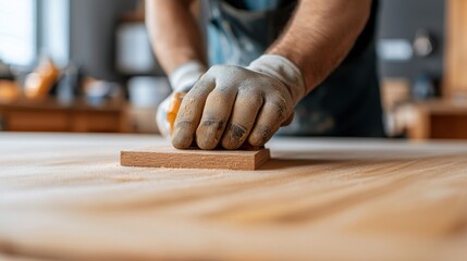 Obraz premium Conceptual designs for custom wood cabinetry. A craftsman sands a wooden surface, showcasing skilled hands and attention to detail in a bright workshop environment.