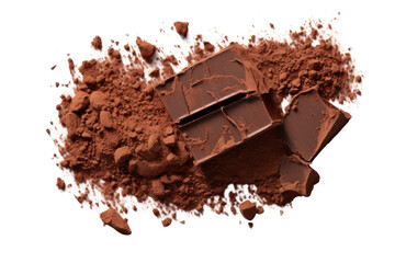 Fototapeta premium Dark chocolate bar with chunks and finely ground cocoa powder spread around, set against a clean white background