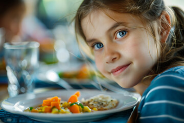 Generative AI Image of pupils Students teachers in School Canteen Healthy Meal eating together