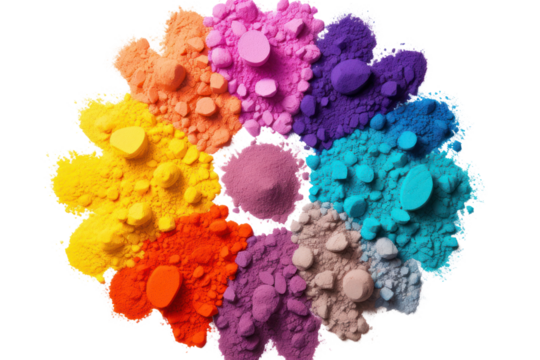 Close-up of different shades of Holi paint powders arranged in a circular pattern on a white background