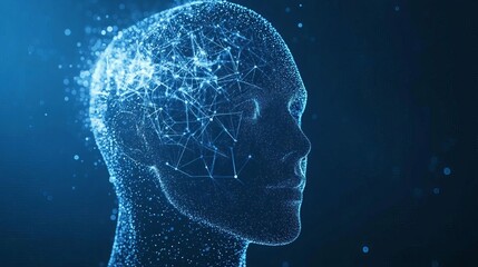 A profile view of an AI head composed entirely from glowing blue dots, symbolizing the complexity and intelligence behind artificial neurons in neural networks. 