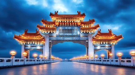 Obraz premium A traditional Chinese gateway illuminated with golden lights, standing against a dramatic twilight sky for a majestic and cultural view.