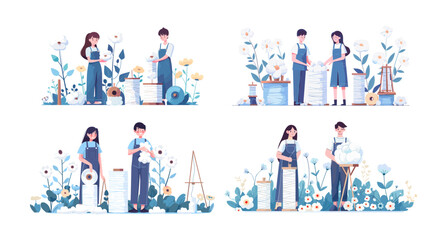 Fototapeta premium Cartoon cotton gathering scenes. Boy and girl characters standing in flower field wind are winding thread on spools, textile fiber material clothes hand made production, isolated vector illustration