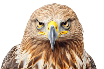 Close-up of a Golden Eagle head, highlighting its keen eyes and detailed feathers, isolated on white background
