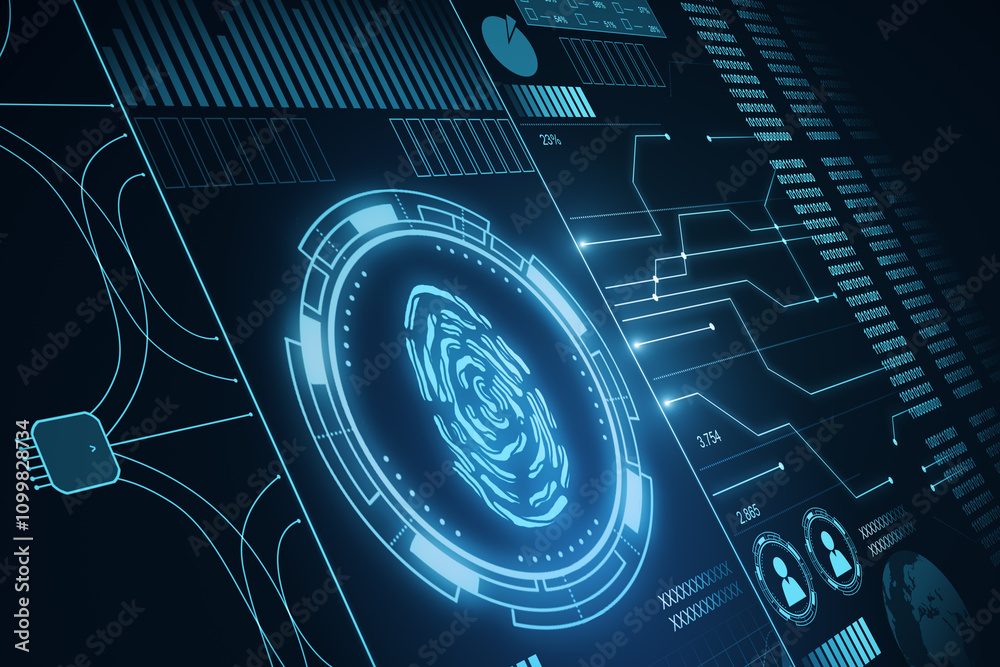 Poster Biometrics identification and business technology safety concept with digital graphic fingerprint with abstract personal information interface on dark background. 3D rendering