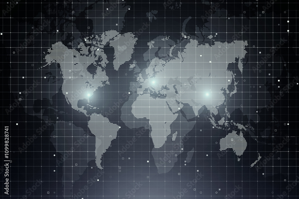 Poster digital world map illustration with grey shadows graphic contouring and dark technological backgroun