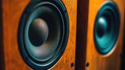 Detailed close-up view of two vintage wooden audio speakers showcasing textured speaker cones...