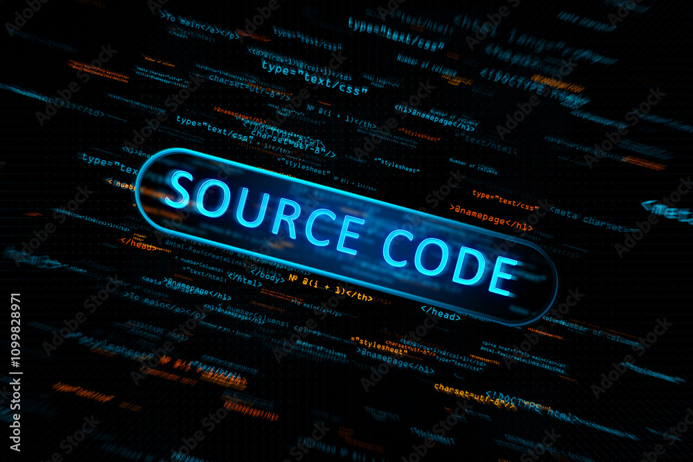 Aufkleber Software source code concept with programming code and digital source code sign on dark background. 3D rendering
