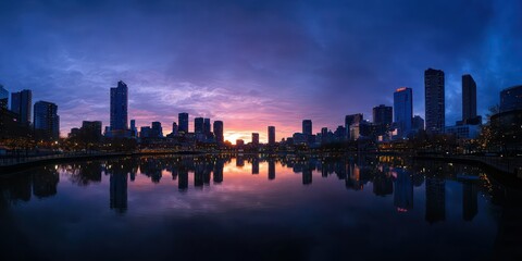 Fototapeta premium The Melbourne skyline at sunrise, with the Yarra River and modern buildings reflecting in the water.
