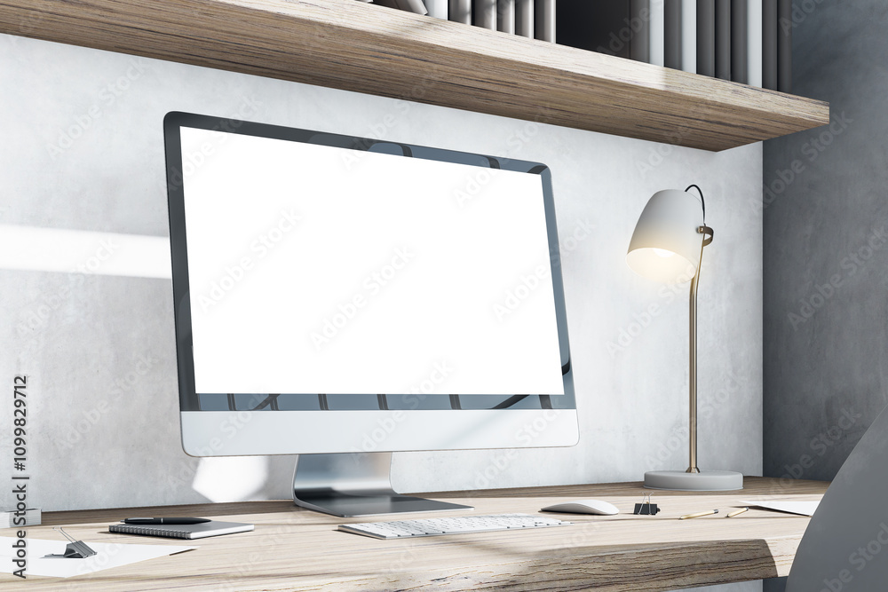 Aufkleber Perspective view on blank white modern computer monitor with reflection and copyspace for your text or logo on wooden table with illuminated lamp on light grey wall background. 3D rendering, mock up