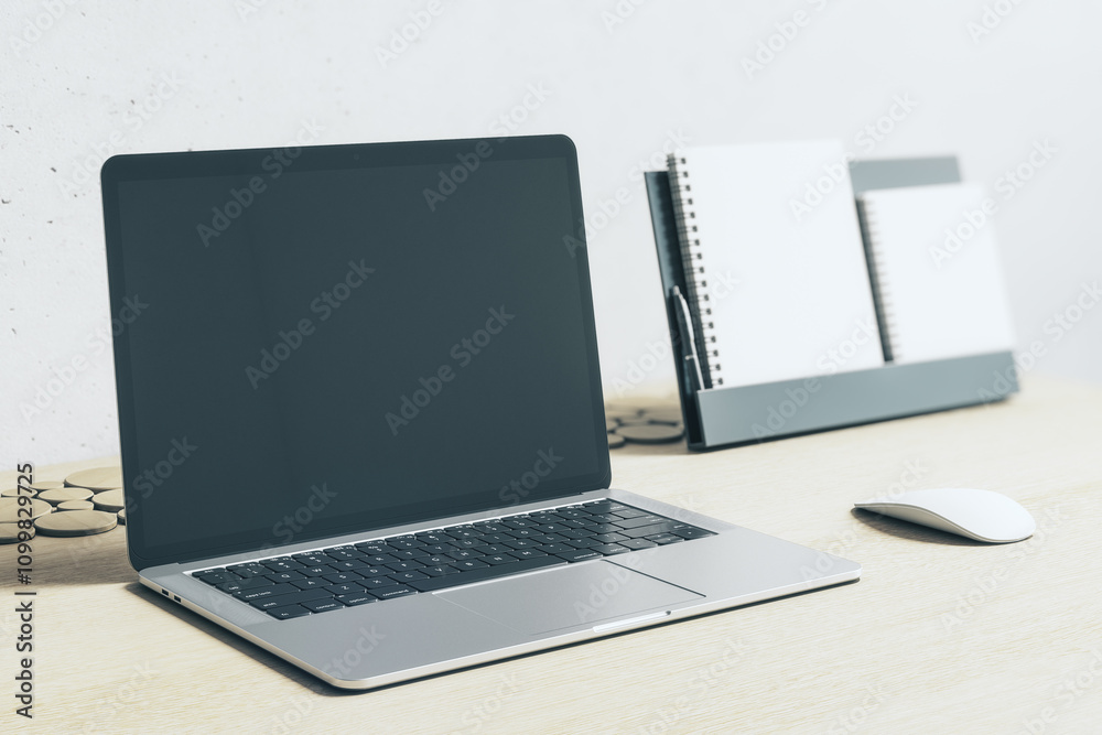 Poster perspective view on blank black modern laptop screen with copyspace for your logo or text on light w