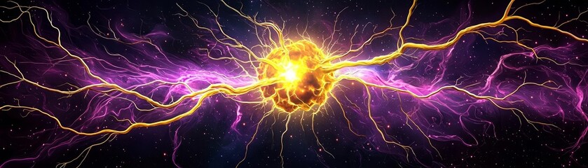 Energy-filled neutron star eruption, emitting glowing tendrils of fiery yellow and purple light, creating a dazzling space phenomenon