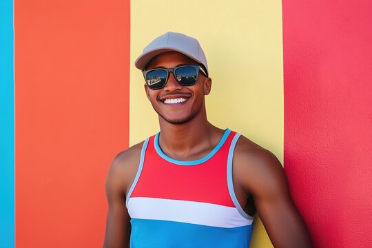 A man wearing a red, white and blue tank top is smiling and wearing sunglasses