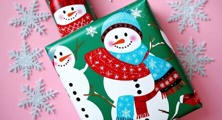 A fun design featuring snowmen scarves and snowflakes with a dash of glitter for a playful wintery gift wrap