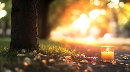 Obraz premium Warm Evening Glow of a Single Candle on the Ground Surrounded by Autumn Leaves and Soft Sunlight Filtering Through Trees in a Quiet Park Setting