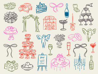 Set of whimsical hand-drawn wedding ceremony food and drink illustartion in trendy vintage style. Perfect for quirky wedding holiday, dinner and bar menu, bachelorette party, birthday invitation, sign