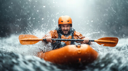Fototapeta premium Adventurer kayaking through rough waters in an orange life jacket.