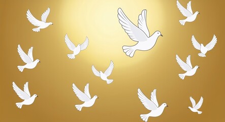 Fototapeta premium A simple design of white doves flying with a soft gold glow in the background symbolizing peace and love
